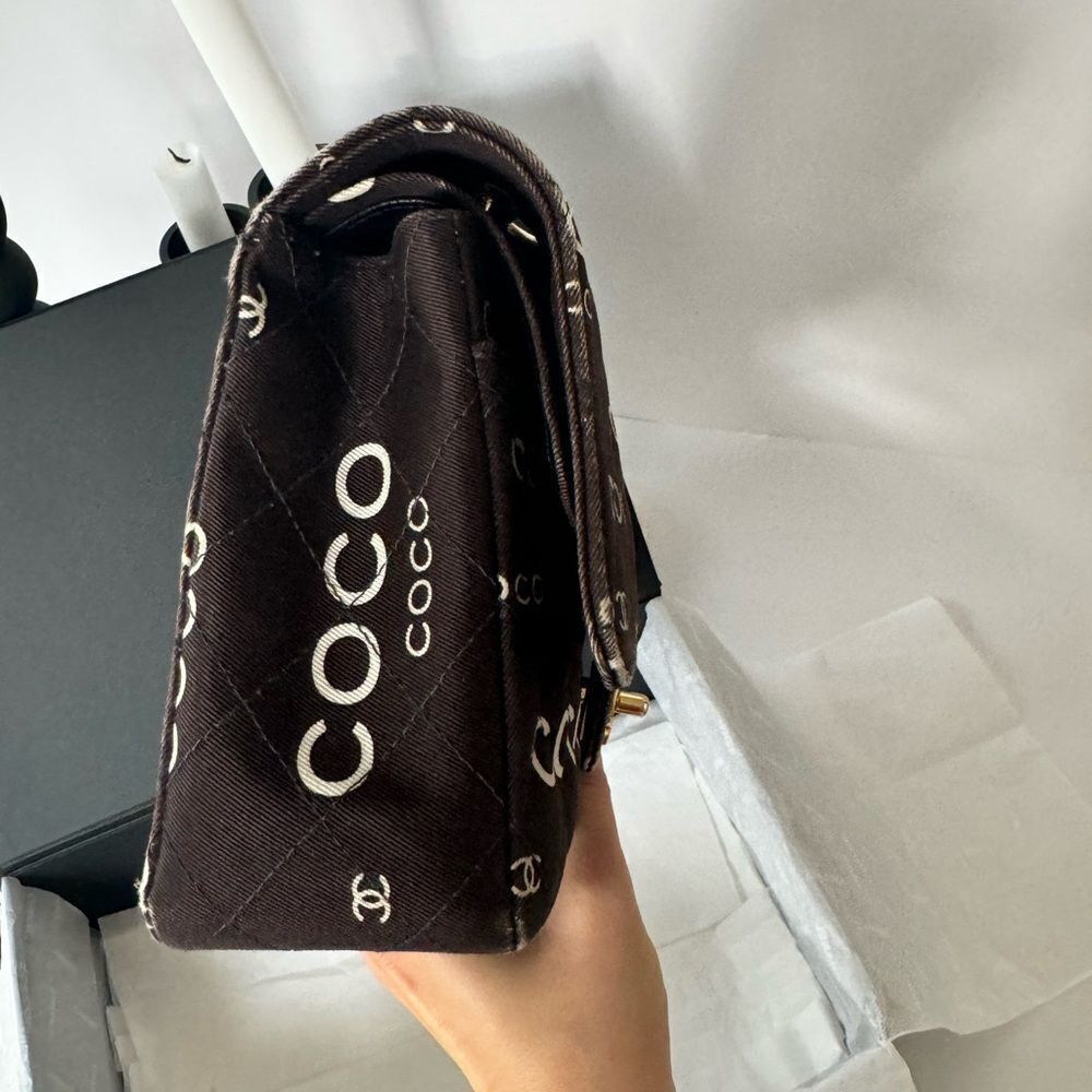 Chanel Canvas Coco Print Quilted Medium Classic Flap Double Flap Black White - Picture 12 of 16